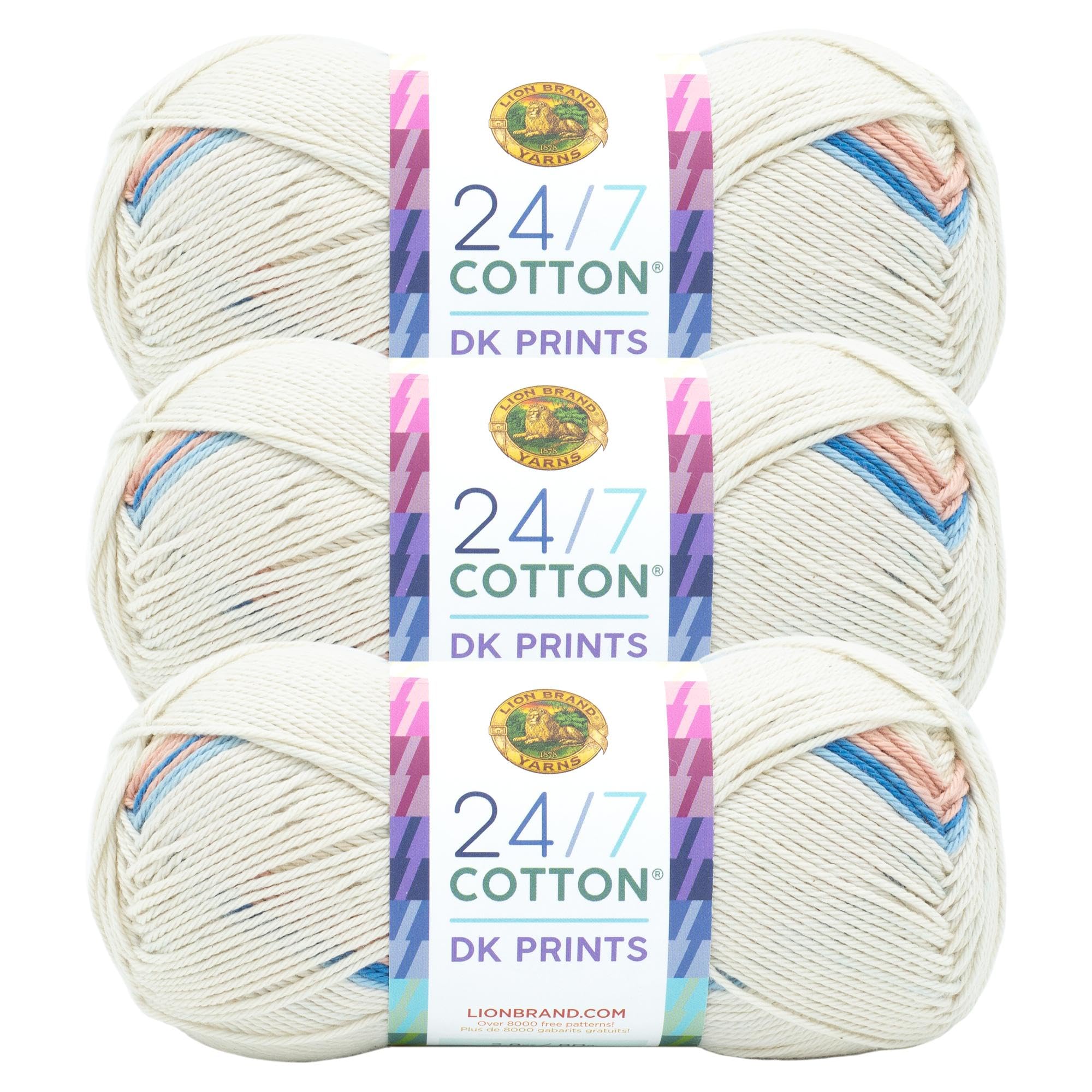 Lion Brand Yarn, 24/7 Cotton DK Crochet Yarn, Azul, Denim Blue, 3 Pack