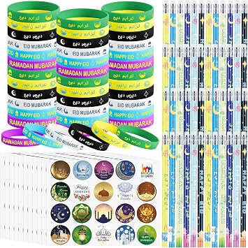 Mooliwe 496 Pcs Ramadan Gifts Eid Ramadan Pencil Wristband Sticker Set Including 48 Pencil 48 Wristband 400 Sticker for Mubarak Party Decorations GiftsCute