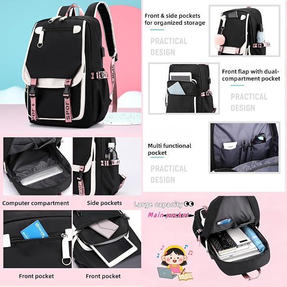 ZHANAO School Backpack for Girls Color-block School Bag with Lunch Box Pencil Case Set 3PCS Girls Backpack for School Kids Bookbag with USB Charging Port, Black+Pink, Modern