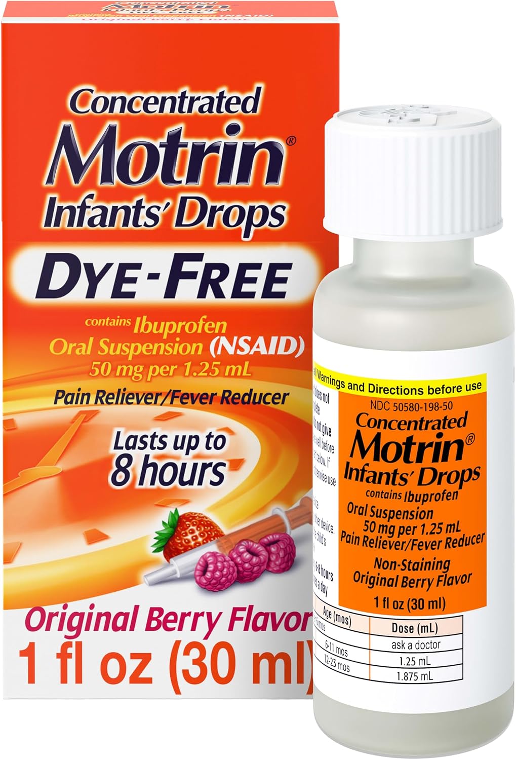 Motrin Infants’ Ibuprofen, Fever Reducer, Dye and Alcohol Free, Concentrated Drops, Oral Suspension, Includes Clear Syringe with Markings for Dose Measuring, Berry Flavor 1 Fluid Ounce