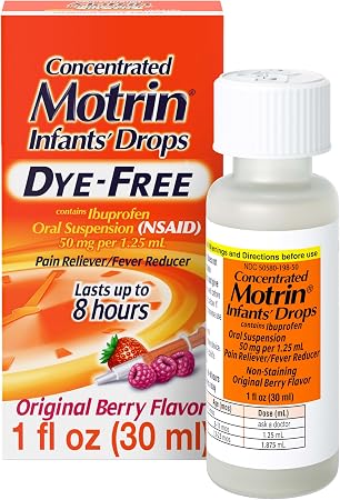 Motrin Infants Infant Ibuprofen Oral Suspension Concentrated Drops, NSAID Fever Reducer & Pain Reliever for Babies, Dye Free, Alcohol-Free, Berry Flavor, Includes Enclosed Syringe, 1 fl. oz