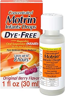 Motrin Infants' Ibuprofen, Fever Reducer, Dye and Alcohol Free, Concentrated Drops, Oral Suspension, Includes Clear Syringe with Markings for Dose Measuring, Berry Flavor 1 Fluid Ounce