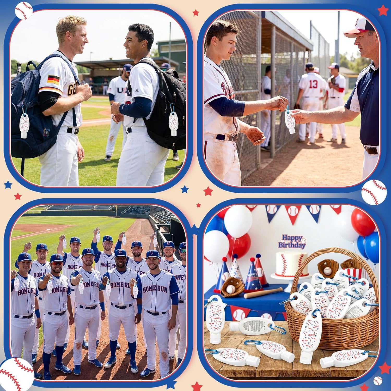 Leelosp 24 Pcs baseball Team Gift Bulk Mini Sunscreen Travel Size 1oz Sport Party Favor Sunscreen Keychain with Clip Spf 30 Fragrance Free Broad Spectrum baseball Accessories for Girl