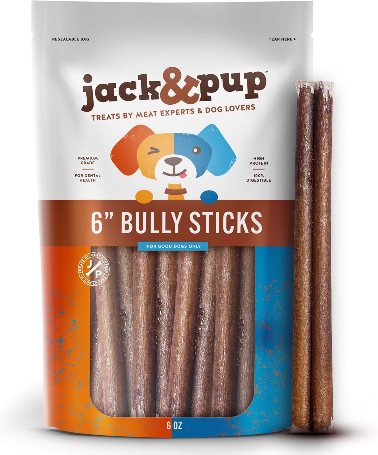 Jack&Pup 6" Bully Sticks Dog Chews Odor Free Bully