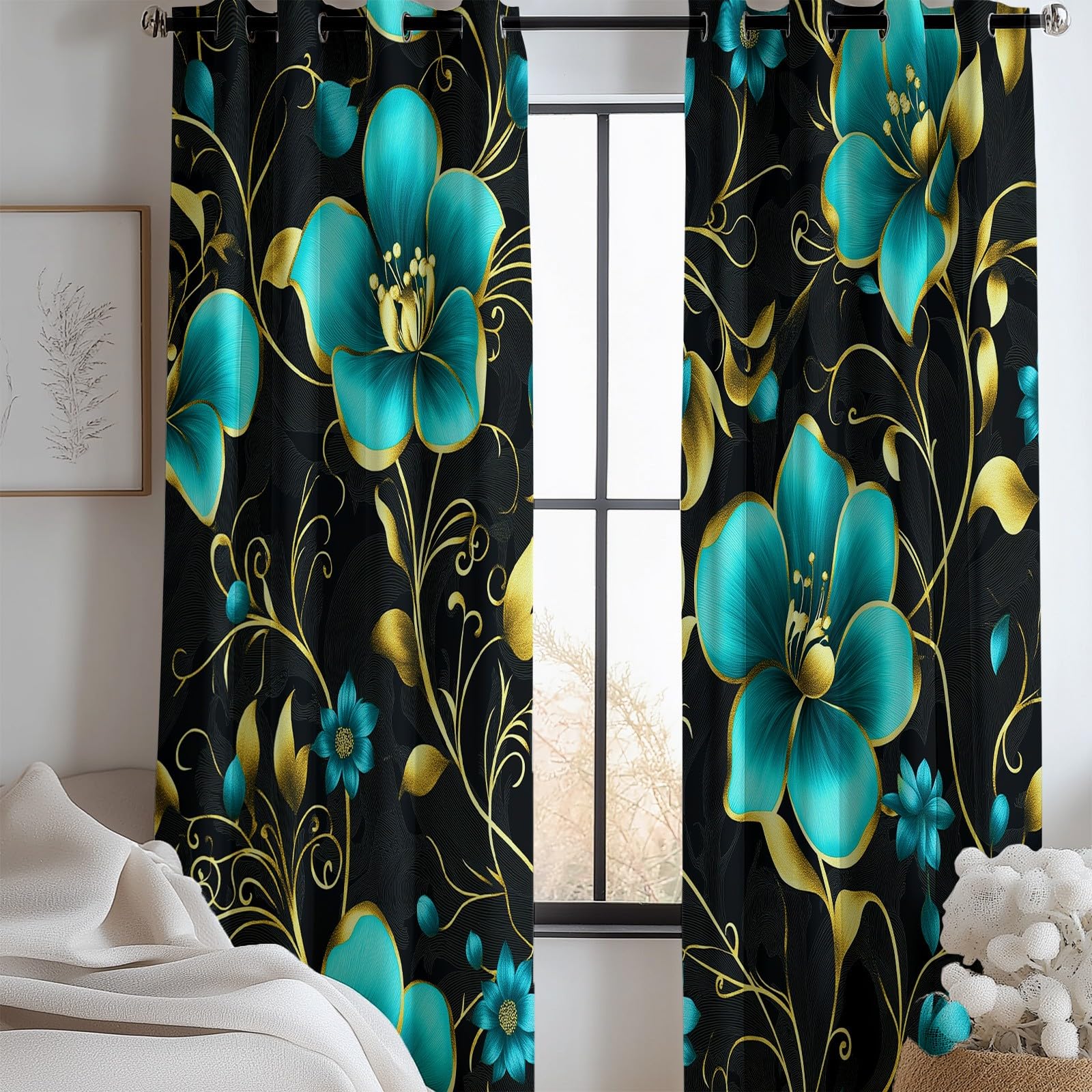 Tende Oscuranti per Interni 2 Pezzi 70x160 cm (LxA), Lusso Foglie Dorate Fiori Turchesi Tenda Coprente per Soggiorno, Termiche Isolanti Nero Tendaggi per Interno Finestra per Salotto Cucina