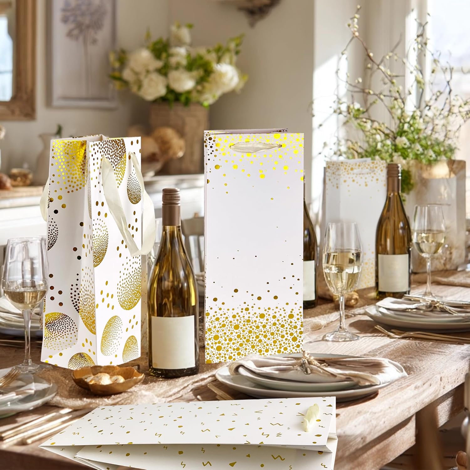 KEEPARTY 18 PCS Wine Gift Bag 5 "x 4" x 13 "Loose Wine Bottle Gift Bag Paper Gift Bag with Handle and Gold Hot Print for Wedding Party Anniversaries - Image 5