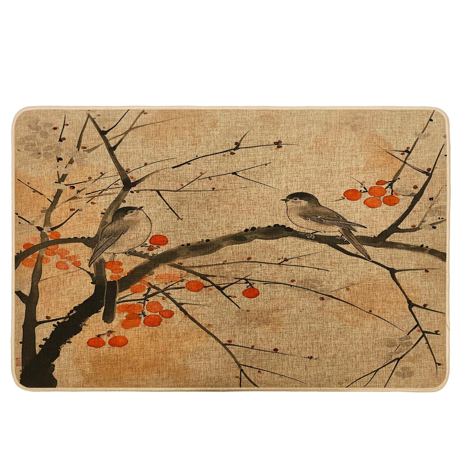 bird Door Mat tree floral berries chinoiserie ink painting cute funny vintage yellow Rubber House Classroom Indoor Inside Outdoor Garage Bathroom Trapper Decorations Office Pool Door Mat 17x29Inch