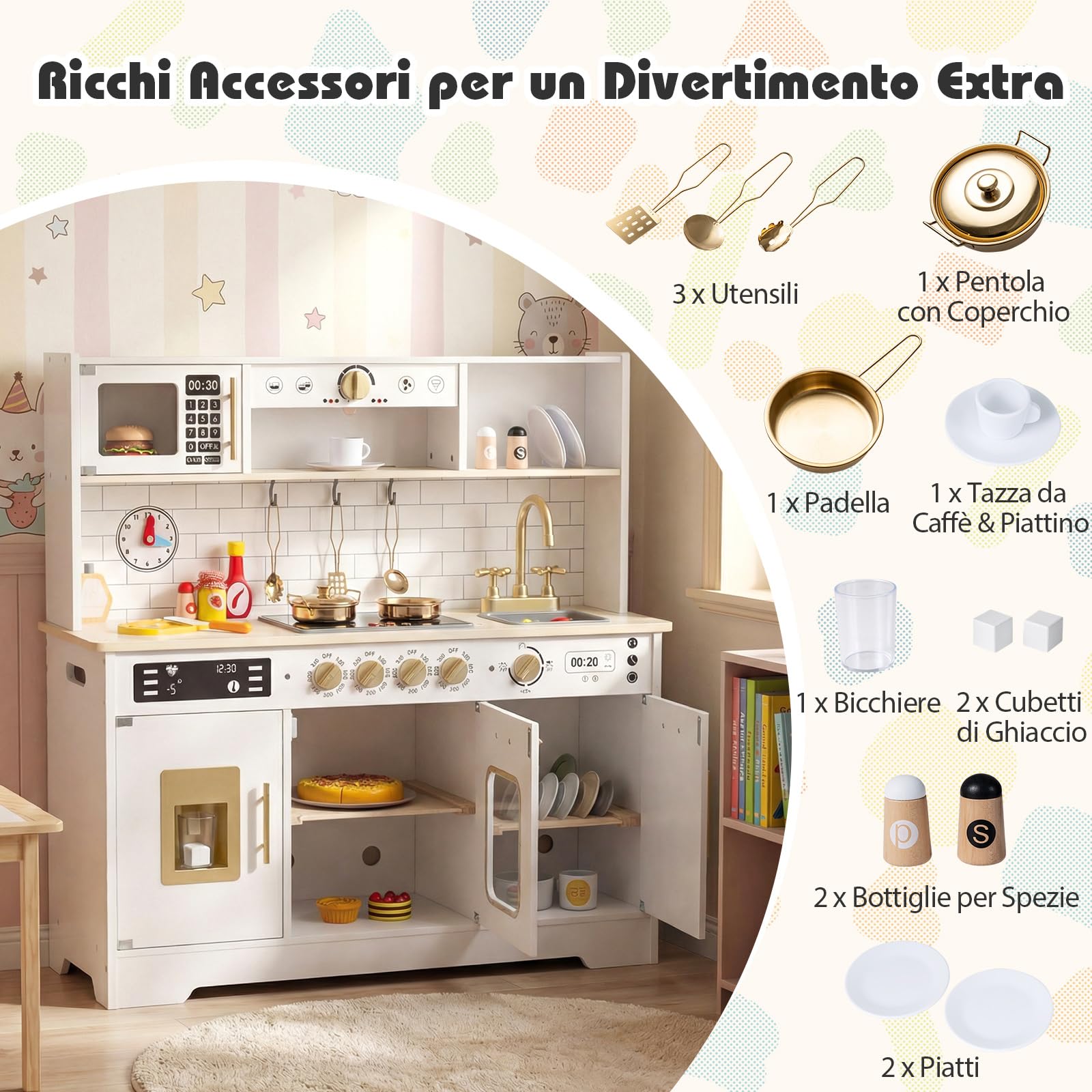 COSTWAY Cucina Giocattolo per Bambini, Set Cucina in Legno con Luci e Suoni Realistici, Fornelli, Lavandino, Rubinetto, Forno, Microonde e Macchina del Caffè, per Bambini 3+ Anni (Bianco)