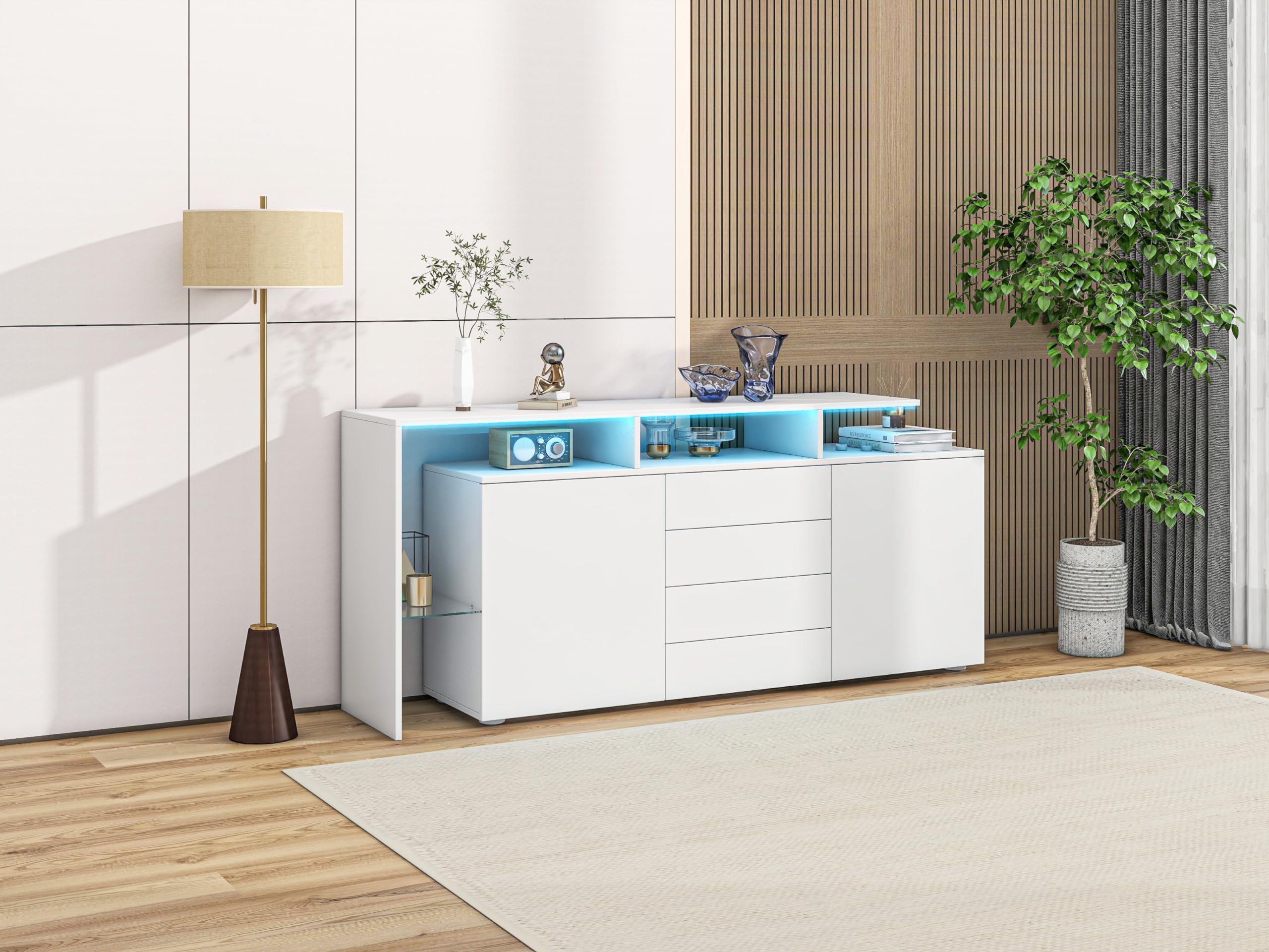 BTM Kommode, Sideboard mit LED, Wohnzimmermöbel in Weiß Hochglanz, Wohnzimmerschrank, Standschrank, TV-Schrank, Wohnzimmerwand, Highboard, Mehrzweckschrank, Buffetschrank Esszimmer