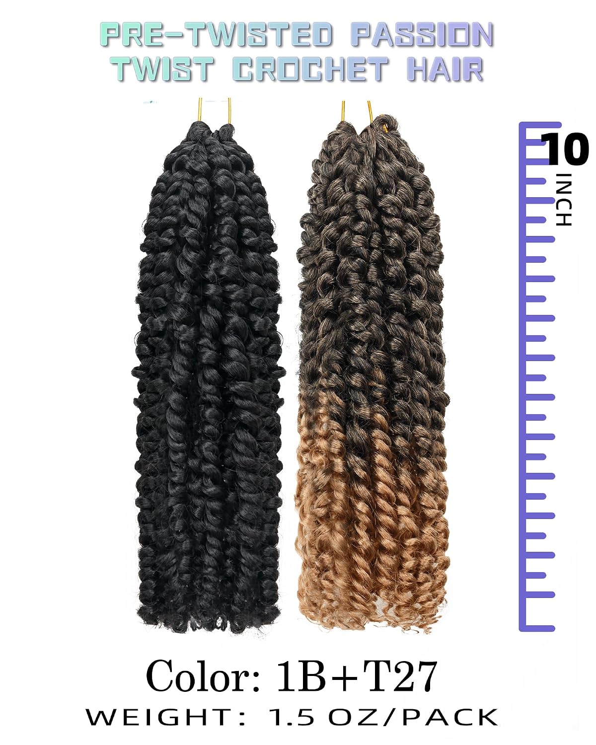 10 Inches 9 Packs Passion Twist Crochet Hair-Mixed Color Combo Pack(7 packs 1B+2 packs T1B/27),Pre-twisted Pre Looped Super Soft & Bouncy Synthetic Hair Extensions For Black Women(10"-9 Packs,1B+T27)