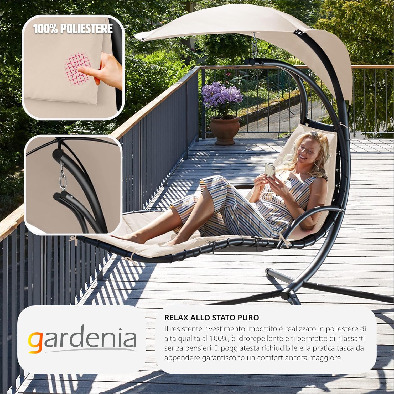 Gardenia Amaca Poltrona Sdraio Sospesa a Dondolo con Parasole Kelly Beige