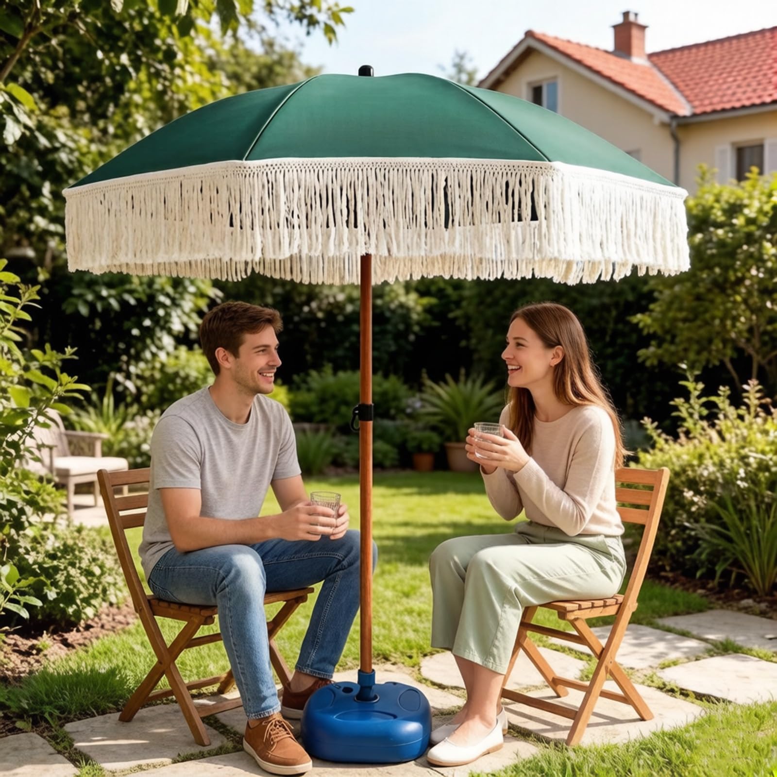 Genérico Sombrilla Jardín Verde para Terrazas Playa Patios, Parasol con Flecos Resistente al Viento, Impermeable y con Protección UV
