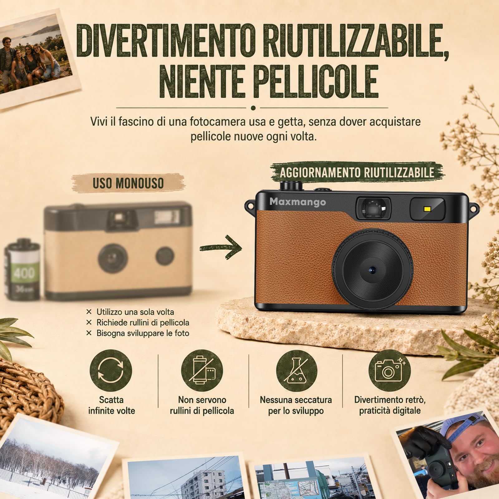 Maxmango D53 Fotocamera Digitale Compatta Senza Schermo, Fotocamera Vintage Retro 12 MP Catturare Momenti Reali, Filtri DIY Scaricabili, USB-C, Scheda SD da 8 GB Inclusa, Fino a 4000 Foto (Marrone)