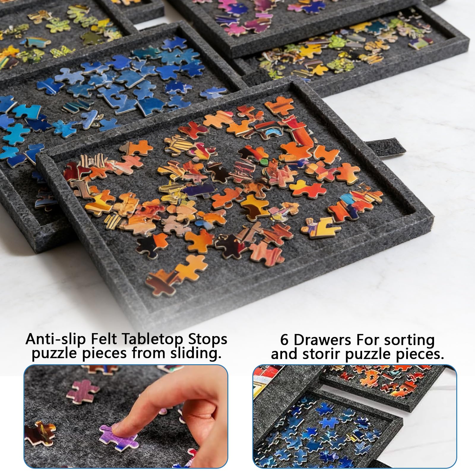 Planche de Puzzle Inclinable 2 en 1,Planche à Puzzle Portable avec 6 Tiroirs & Couvercle,Table de Puzzle en Feutre Super Légère,Support Inclinable à Velcro,pour Enfants et Adultes (Gris argenté) - 2