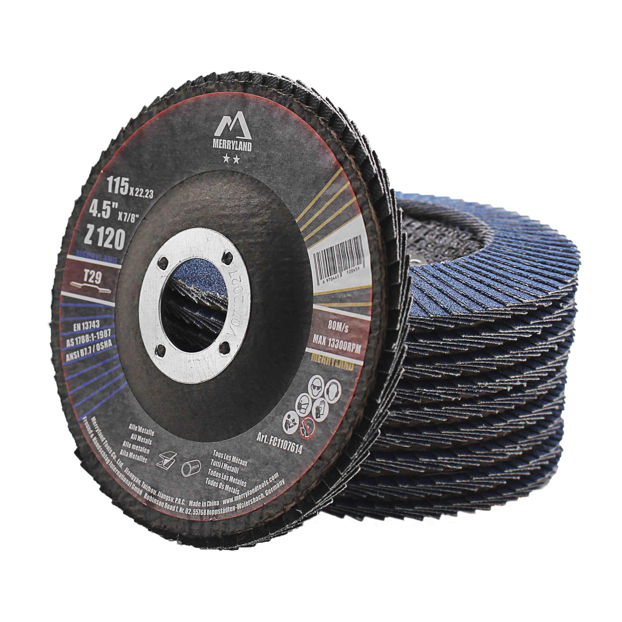 Merryland Flap Disc 4 1/2 inch Metal for Angle Grinder, 4.5inch 120 Grit T29 Flap Wheel 10 Pack, Blue Zirconium Corundum INOX Stainless Steel Iron