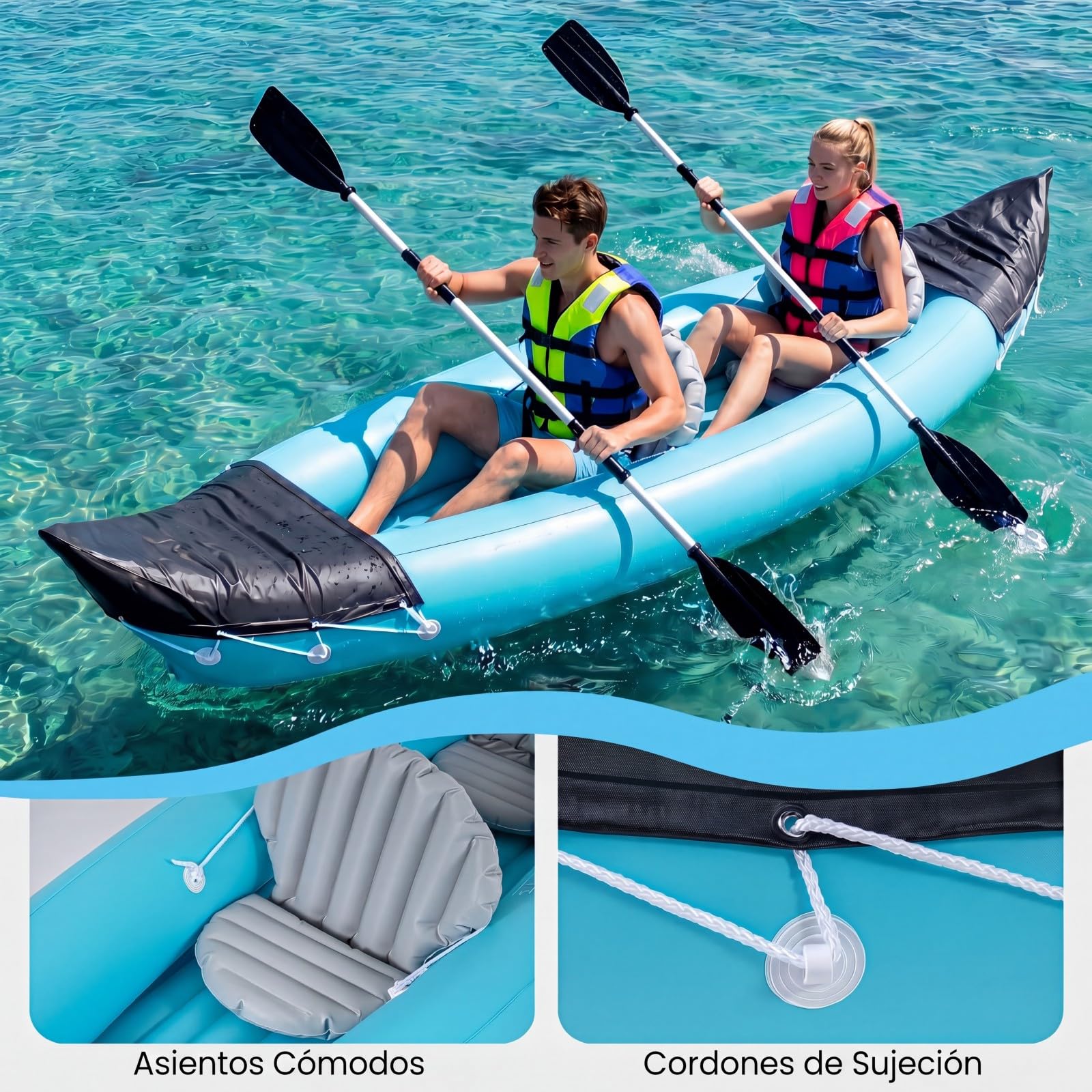 COSTWAY Kayak Hinchable 2 Plazas, Barca Hinchable para 2 Personas con Asientos, Remos de Aluminio, Bomba de Pie, 321 x 92 x 45 cm, Canoa Hinchable para Adultos Pesca, Capacidad 160 kg