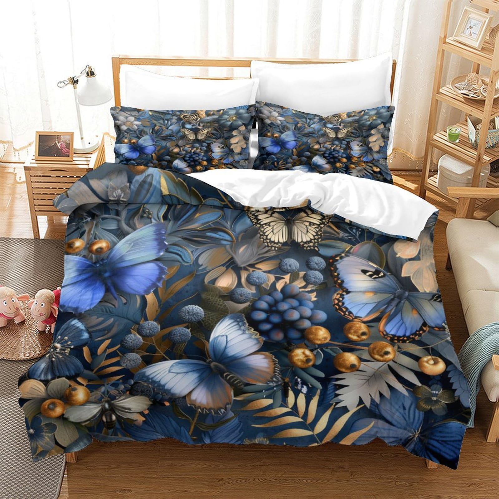 P1S9U7W5Y 3D Printed Blue Butterfly Floral 3 Pieces Microfiber Duvet Cover Set for Adults Bedroom Decor Botanical Butterfly Bedding Set Gift King（220x240cm）