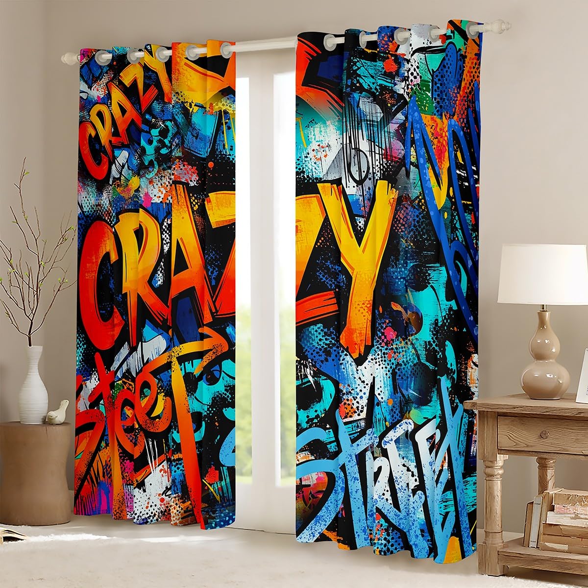 Castle Fairy Trippy Curtains for Boys Bedroom,Kids Colorful Graffiti Room Decor Curtain 84W x 90L Inches,Teens Rock Music Sports Window Treatments Drapes with Grommets 2 Panels Set