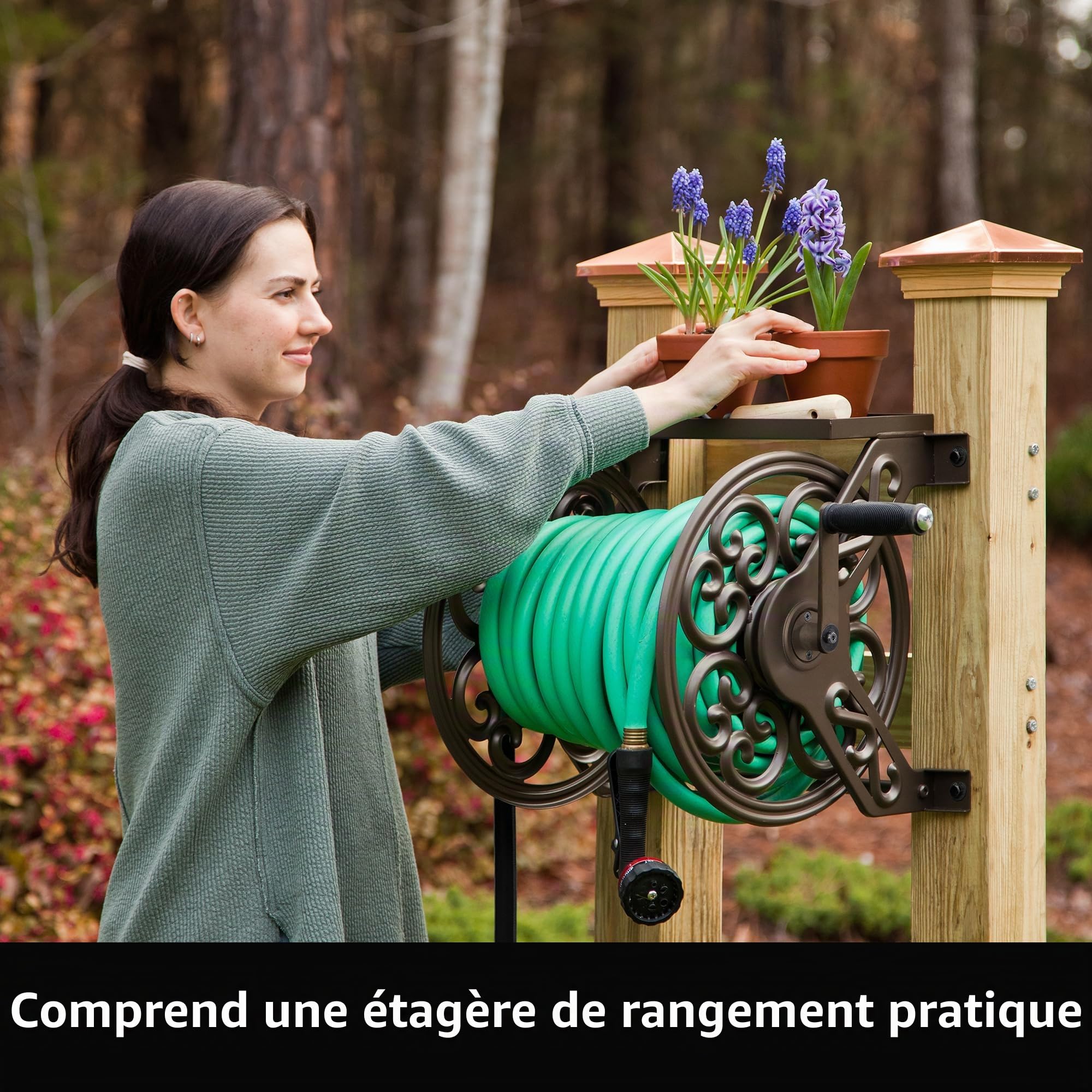 Liberty Garden 708 Enrouleur de tuyau d'arrosage mural décoratif en acier pouvant contenir 38 m de tuyau de 1,6 cm Bronze