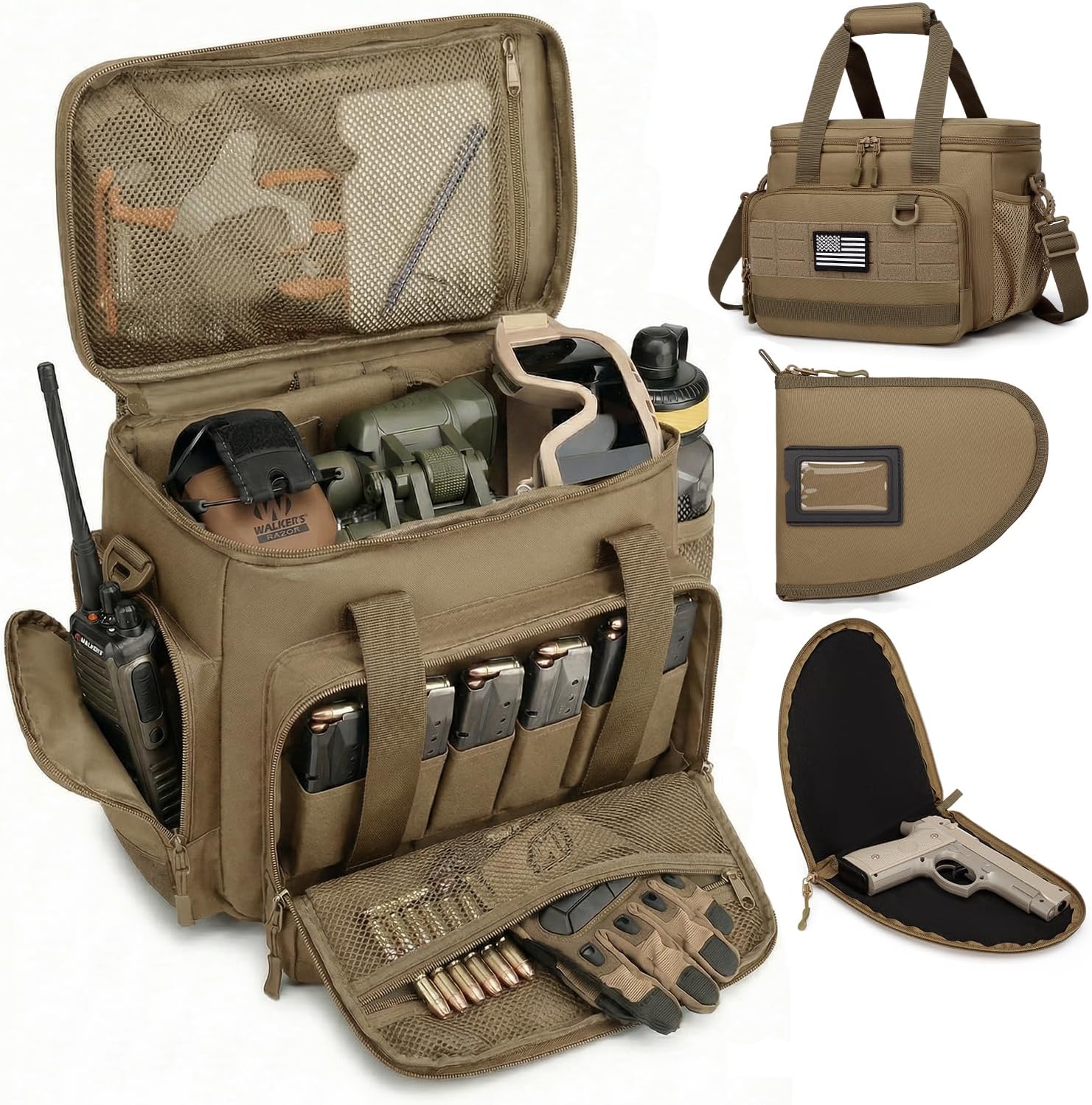 Tactical Gun Range Bag, Range Bag for Handguns with 2 Pistol Cases and 6X Magazine Slots and Extra Pockets for Ammo and Essentials Sturdy Range Bag for Outdoor Sports
