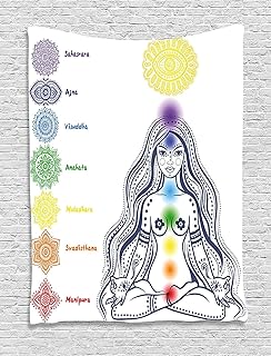 Ambesonne Colorful Tapestry, Ornamental Points and Names with Meditating...