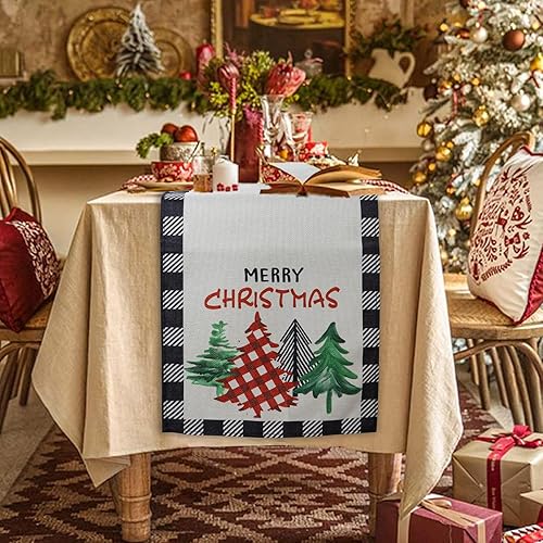 Miniatura 5 de KIMOBER Camino de mesa de Navidad, 13 x 72 pulgadas, diseño de búfalo blanco y negro, decoración de mesa de invierno con patrón de árboles de