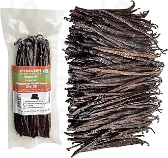 25 Organic Madagascar Vanilla Beans Grade B. Certified USDA Organic. 5"-7" Bulk by FITNCLEAN VANILLA| Bourbon Whole NON-GMO PODS.
