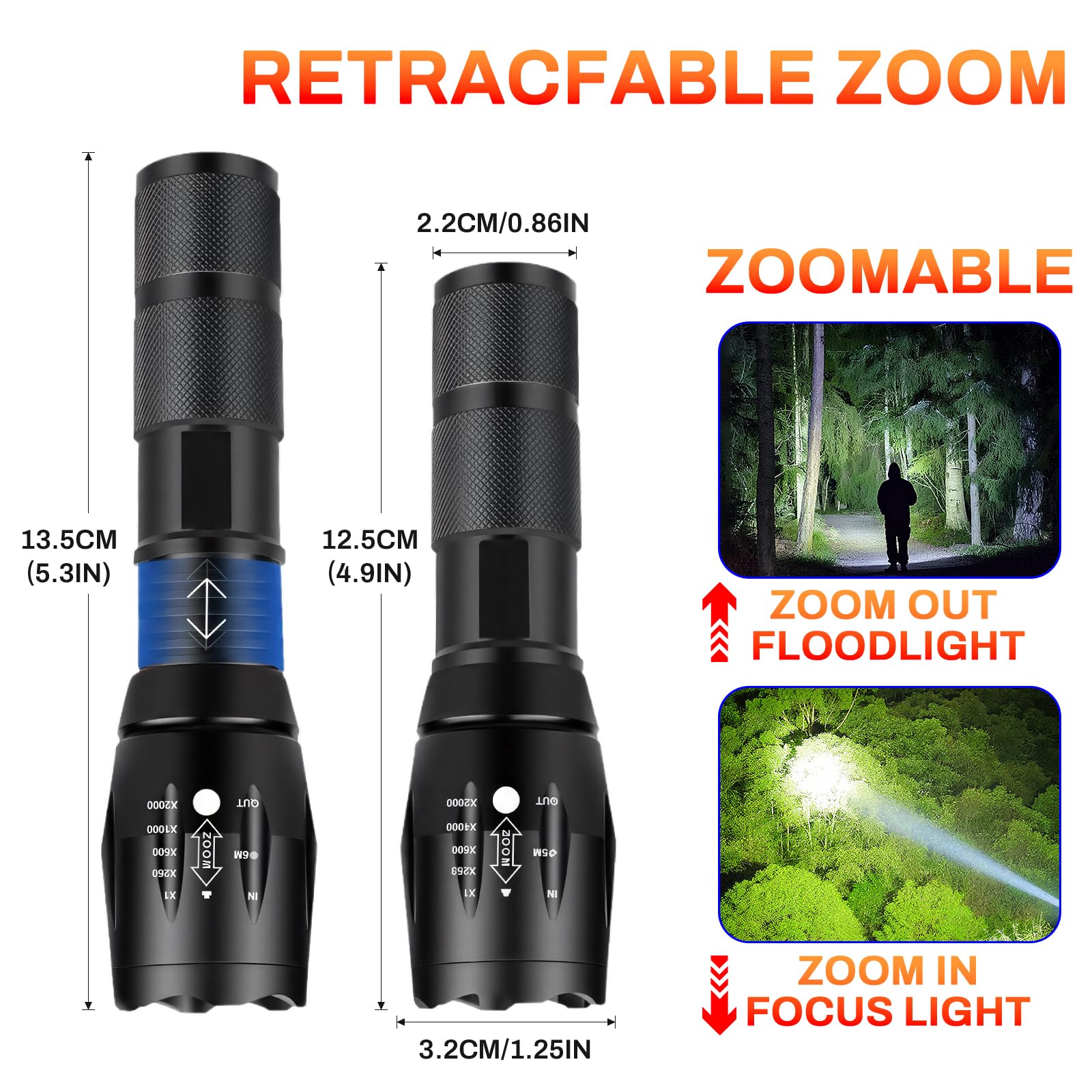 Akumulator Latarka LED 4 w 1, wielokolorowa latarka LED (biała, czerwona, żółta, pomarańczowa), Zoomable, wodoodporna, potężna mała latarka do obserwacji, nocnego wędkowania i nagłych