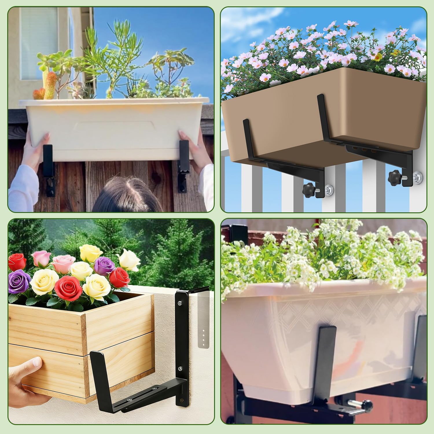 Heavy Duty Adjustable Window Box Brackets - Iron Planter Box Hangers with Reinforced Bottom Support for Balcony, Fence, Railing, Garden - Rust-Proof & Sturdy Flower Pot Holders