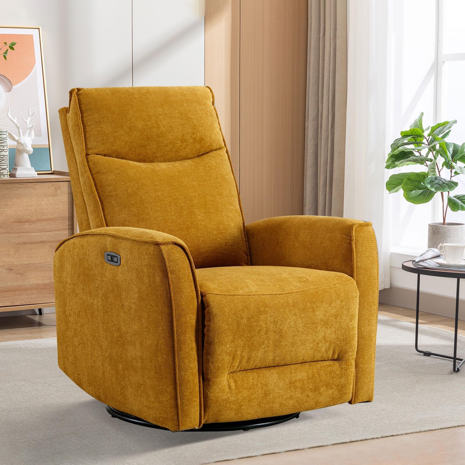 ANJ Power Rocker Recliner Chair with USB Ports, Electric 270° Swivel Glider Recliners, Upholstered Leathaire Rocking Reclining Sofa Nursery Recliner for Living Room, Bedroom (Yellow01)