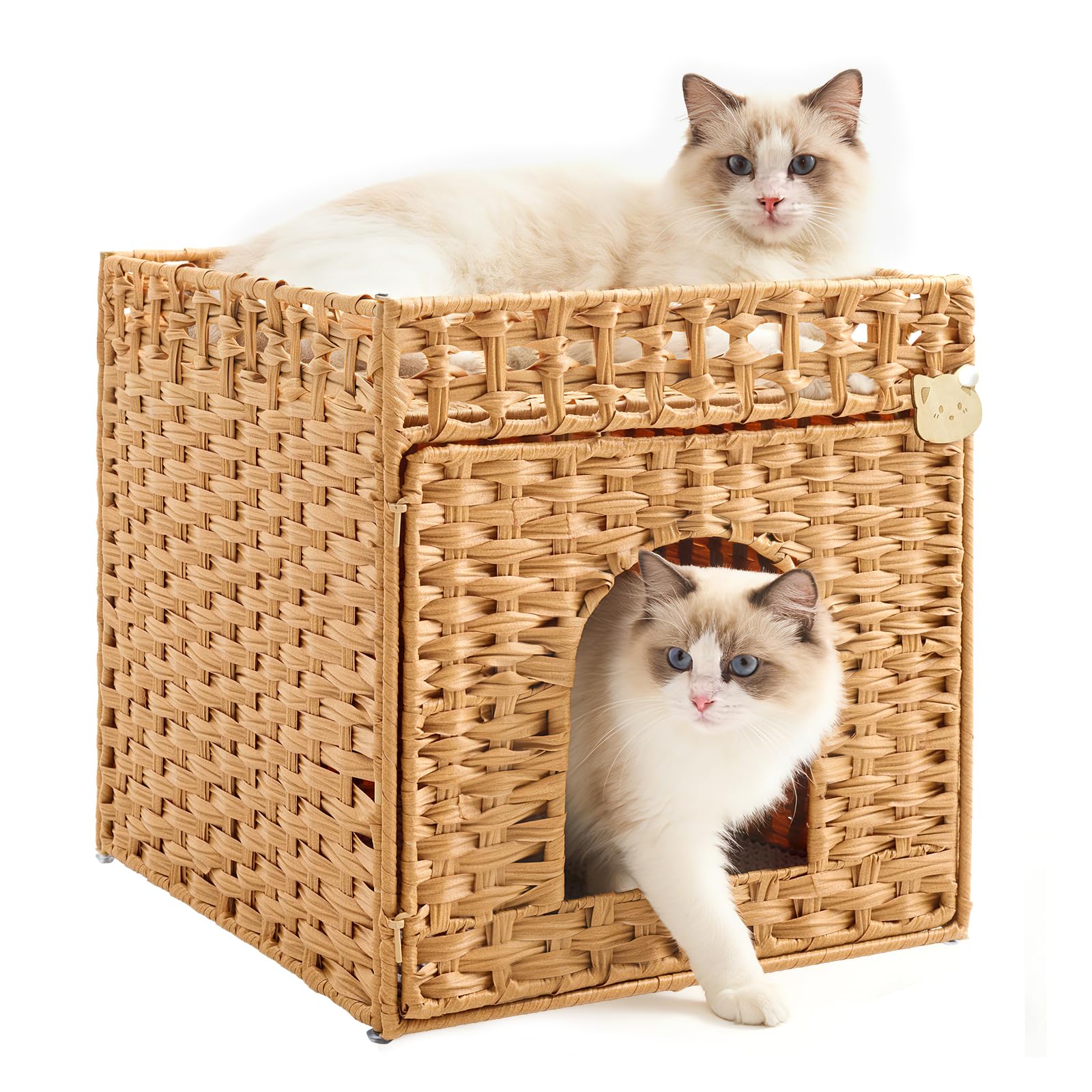Woven Rattan Cat Litter Box Enclosure Furniture – Cat House with Hidden Litter Mat and Fence, for Living Room, Bedroom, Balcony, 20.5 × 18.5 × 19.1 in, Natural