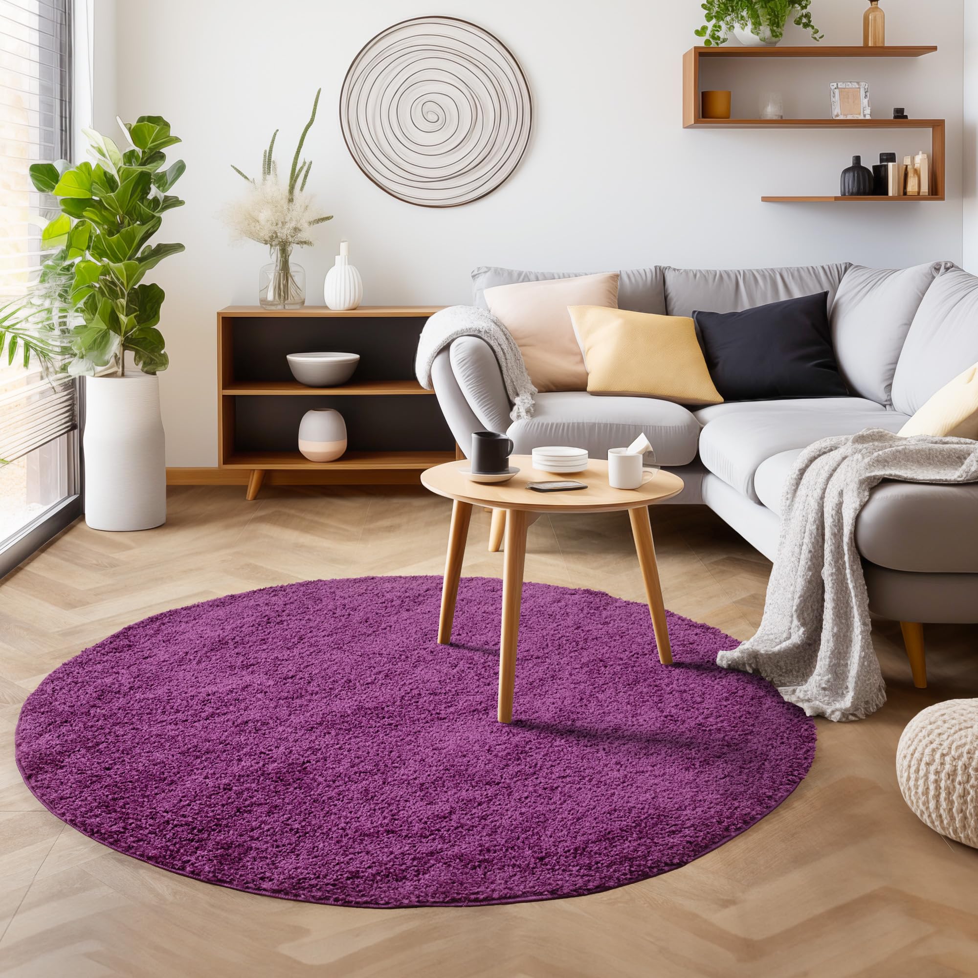 SIMPEX Shaggy Hochflor Teppich, 200 cm Rund, Lila, weich, flauschig, modern, einfarbig, Perfekt als zentrales Wohnaccessoire, für Wohnzimmer Schlafzimmer Flur