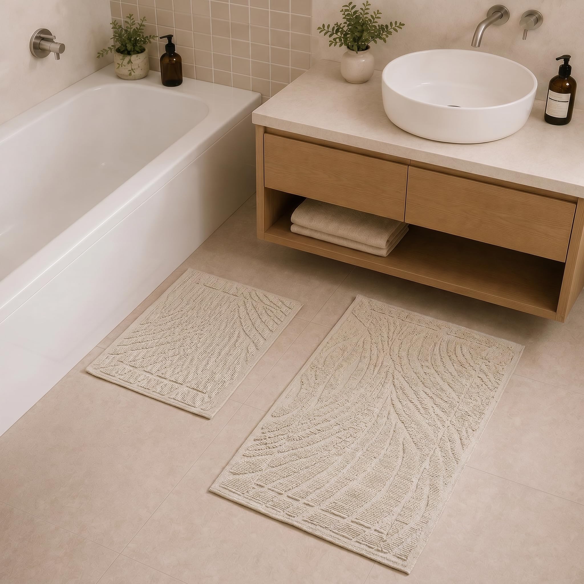 Ruglenza Bathroom Mat Set – 2 Piece Non Slip Cotton Bath Mats for Bathroom & Shower, Textured Loop Bath Rug Set, Quick Dry, Machine Washable, Easy Clean (Cream/Cream-BK01, 50 x 120 CM)