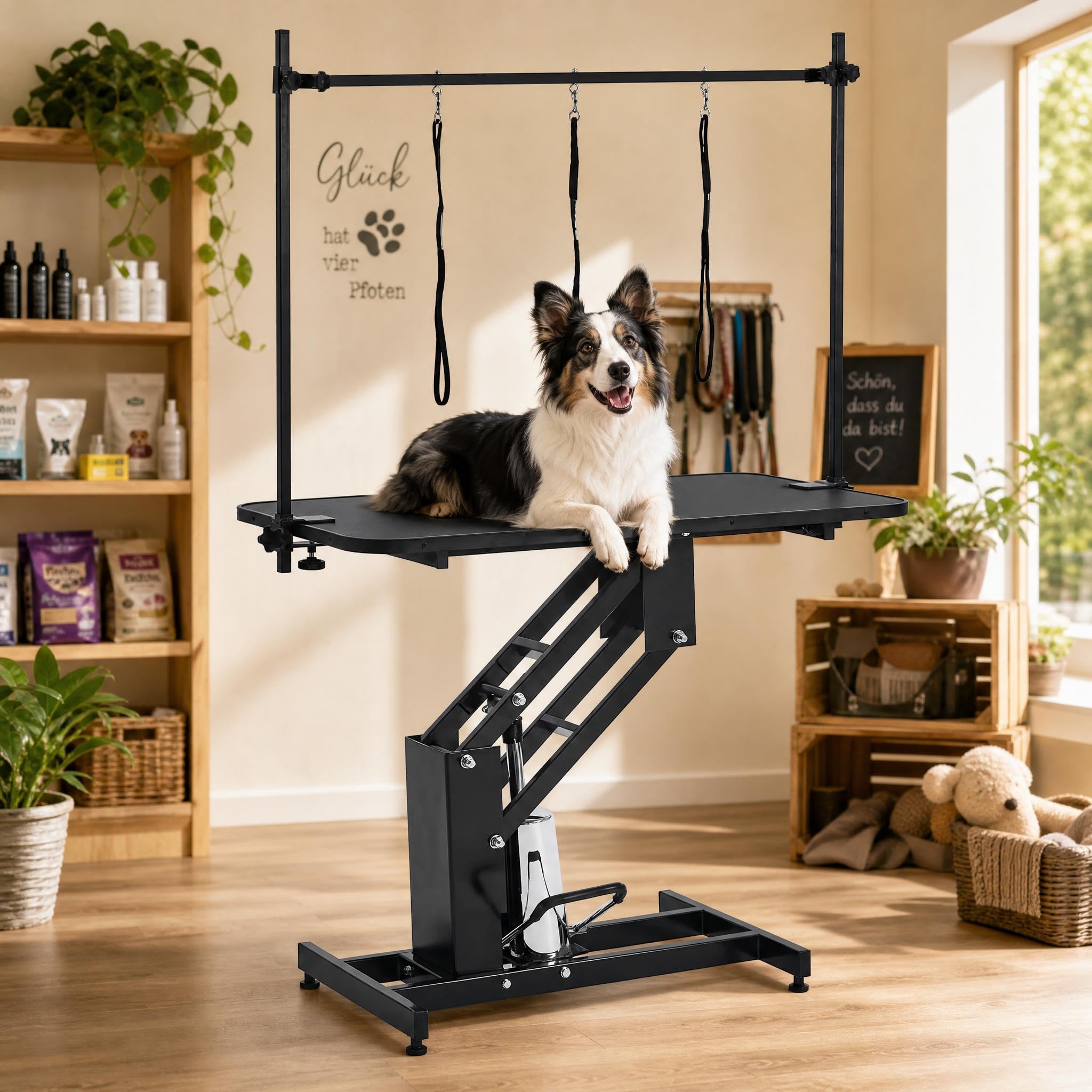 Hydraulischer Hundefrisiertisch 110 cm, Trimmtisch für große Hunde bis 158 kg, Z-Lift Hundepflegetisch höhenverstellbar (56-98 cm) mit Doppel-Galgen & Rutschfester Arbeitsfläche, Schwarz