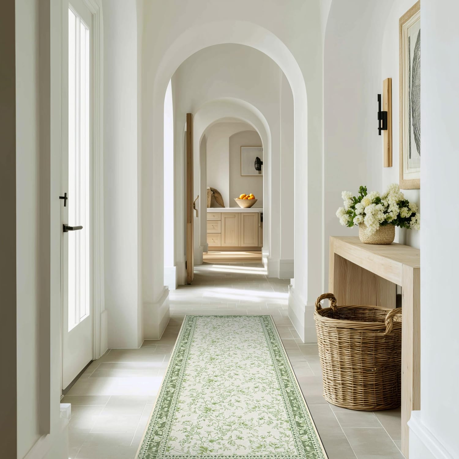 Sage Green Runner Rug 2x6 for Hallways, Non-Slip Washable Kitchen Runner Vintage Boho Farmhouse Floral Sketch Printed Rug Floor Carpet for Laundry Bedroom Entryway Green Cream Beige Flower Design