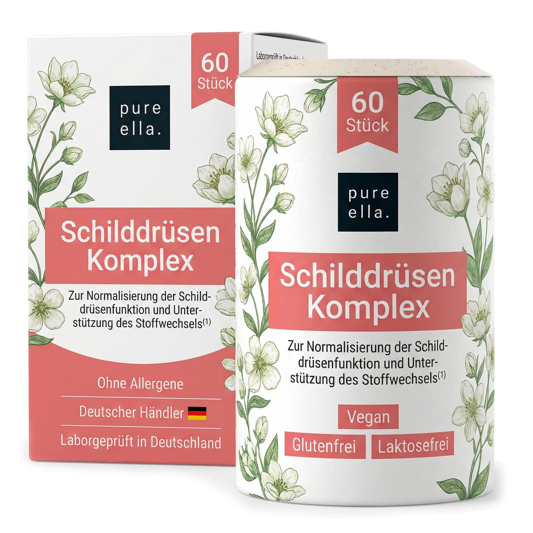 Pure Ella Schilddrüsen Komplex 60 Kapseln – Vegan, Hochdosiert – Selen Jod Komplex mit Thymian Extrakt, Kelp, L-Tyrosin und 8 B-Vitaminen