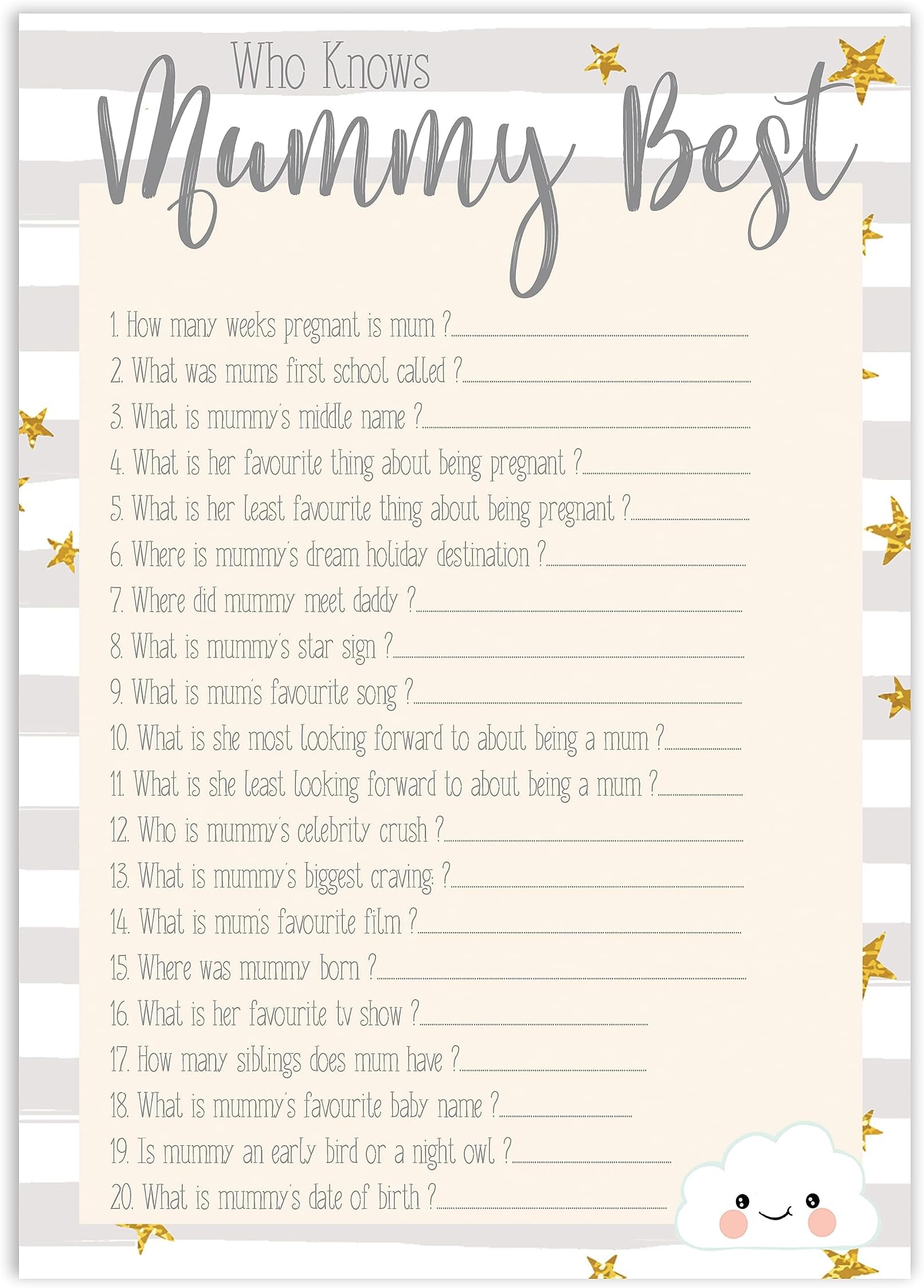 Baby Shower Game - Who Knows Mummy Best - 10 Sheets Cloud Design (BSCWKMB)