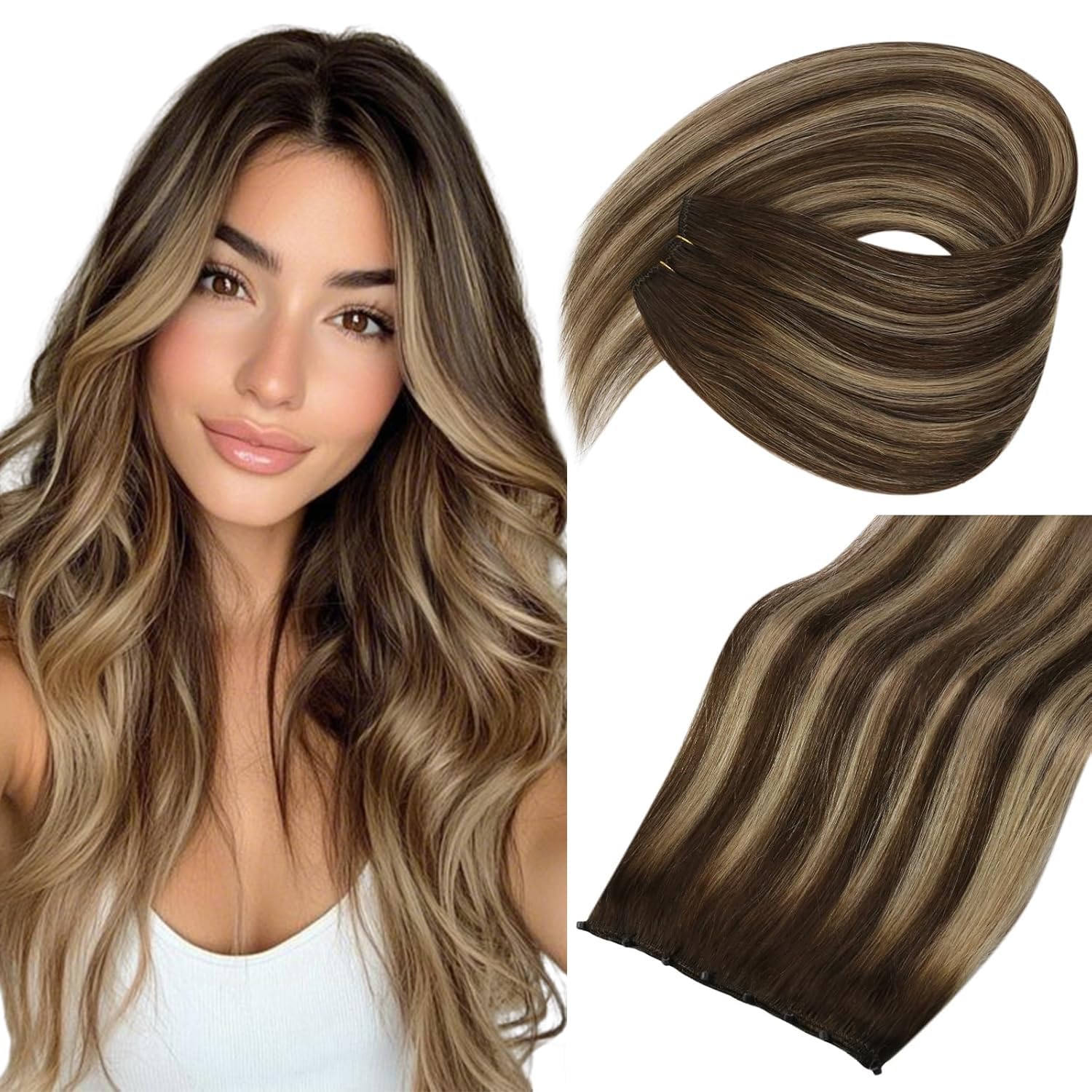 Sunny Hair Beaded Weft Hair Extensions Human Hair Balayage Micro Weft Human Hair Extensions 16inch Invisible Micro Wefts Real Hair Extension Chocolate