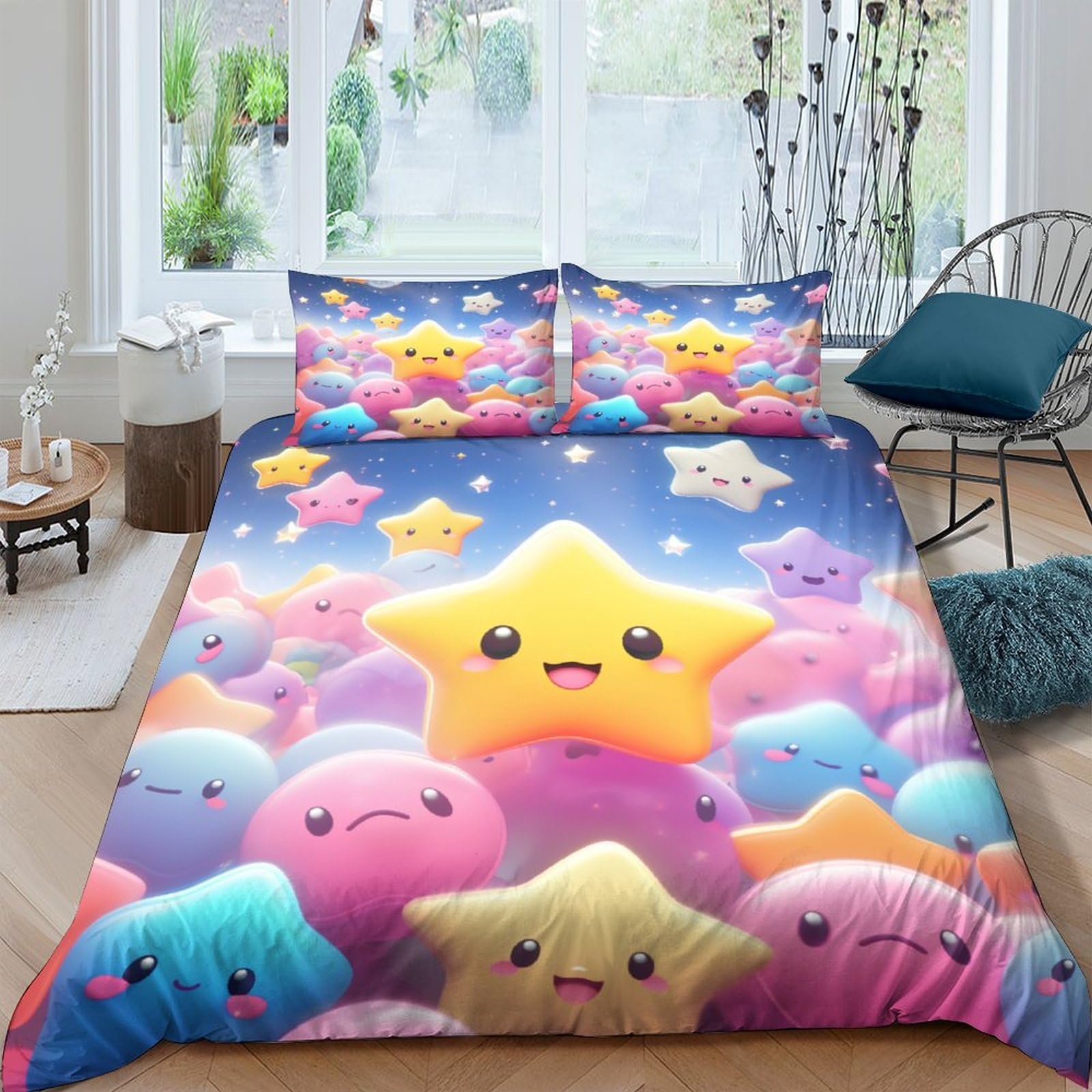 Housse de couette étoiles 3D en microfibre 200x200 cm avec taies d'oreiller