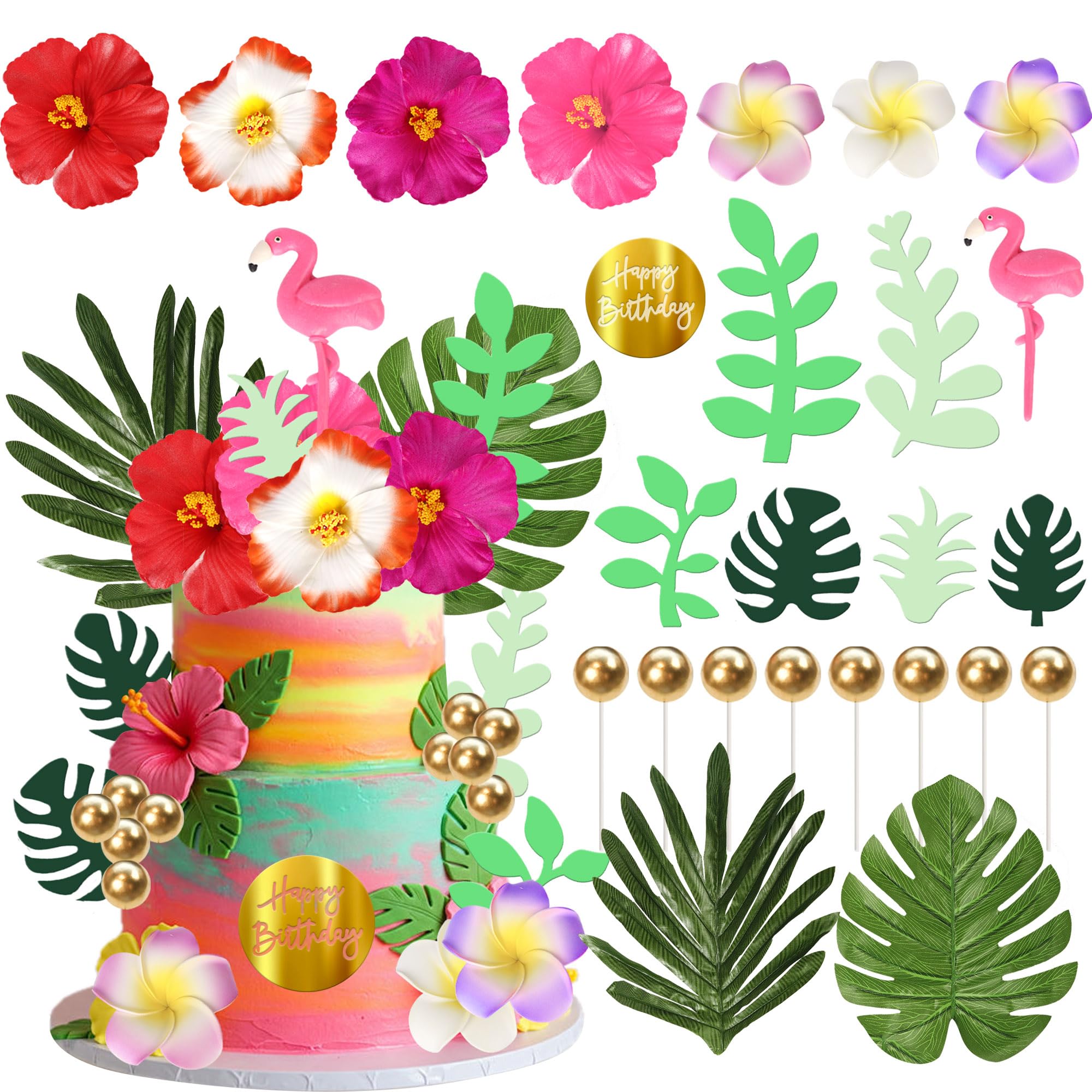 SYKYCTCY 25 Pack Flamingo Cake Topper Happy Birthday Artificial Flower Palm Leaves Cake Picks Balls Cake Decorations for Summer Hawaiian Tropical Luau Aloha Theme Baby Shower Party Supplies