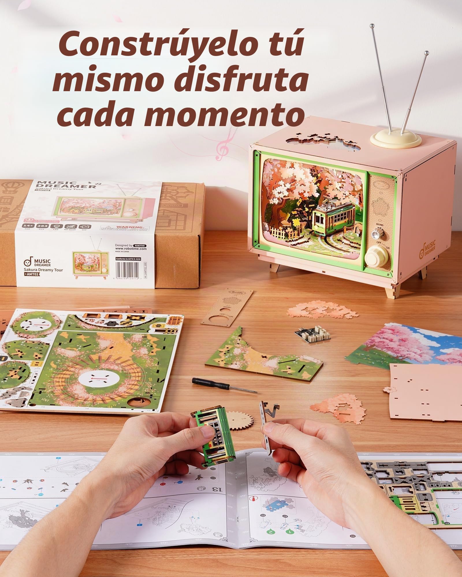 ROBOTIME Puzzle 3D de Madera Caja de Música Sakura Dreamy Tour, Maquetas para Construir Adultos con Luces y Música Clásica, Decoración del Hogar, Regalo Creativo para Mujeres y Niñas