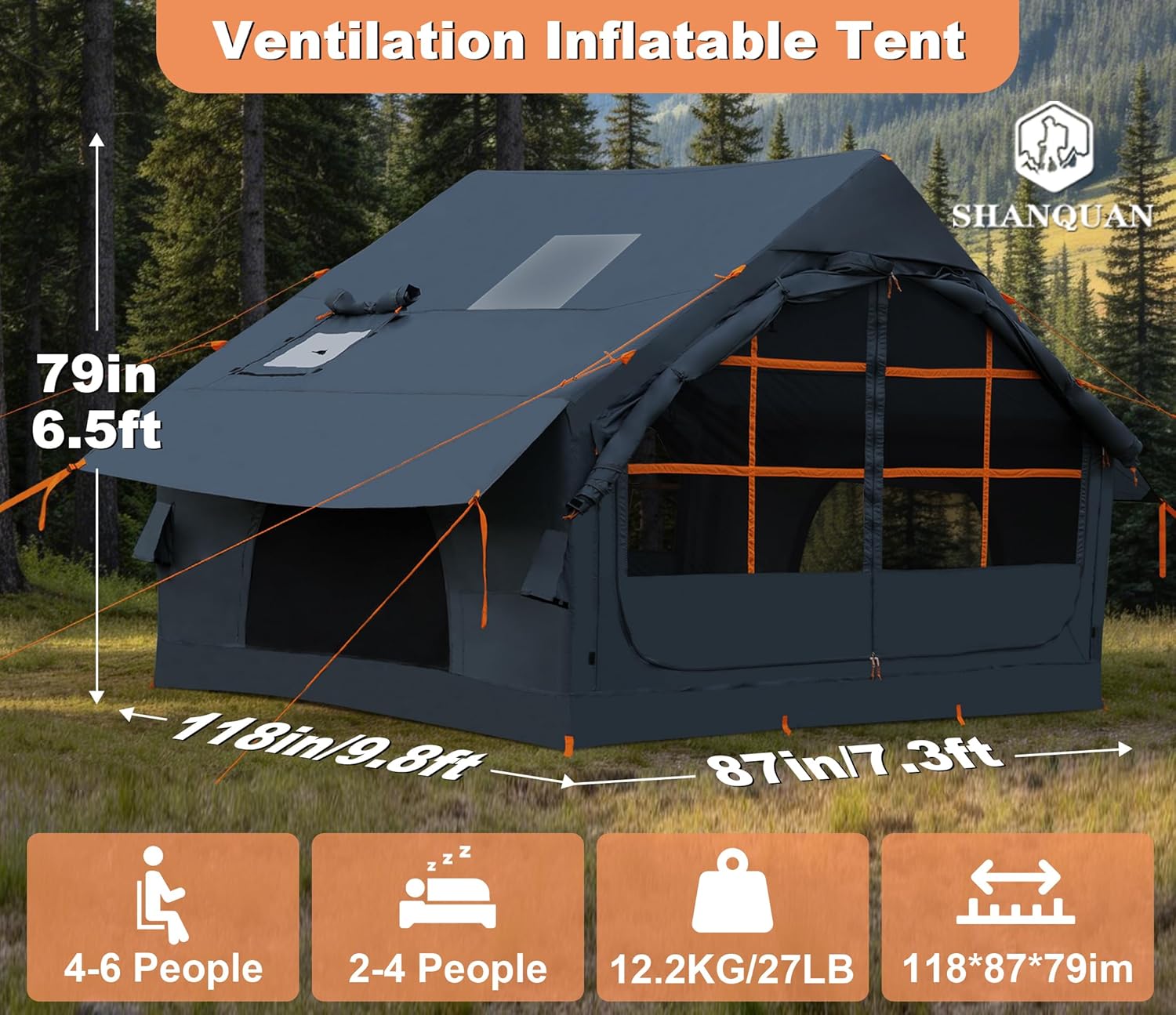 Inflatable Tents for Camping with Stove Jack, 2/4/6/8 Person Easy Setup Blow Up Tents for 4 Seasons Waterproof Inflatable Camping Tent with Awning, Air House Glamping Tents for Camping Adult