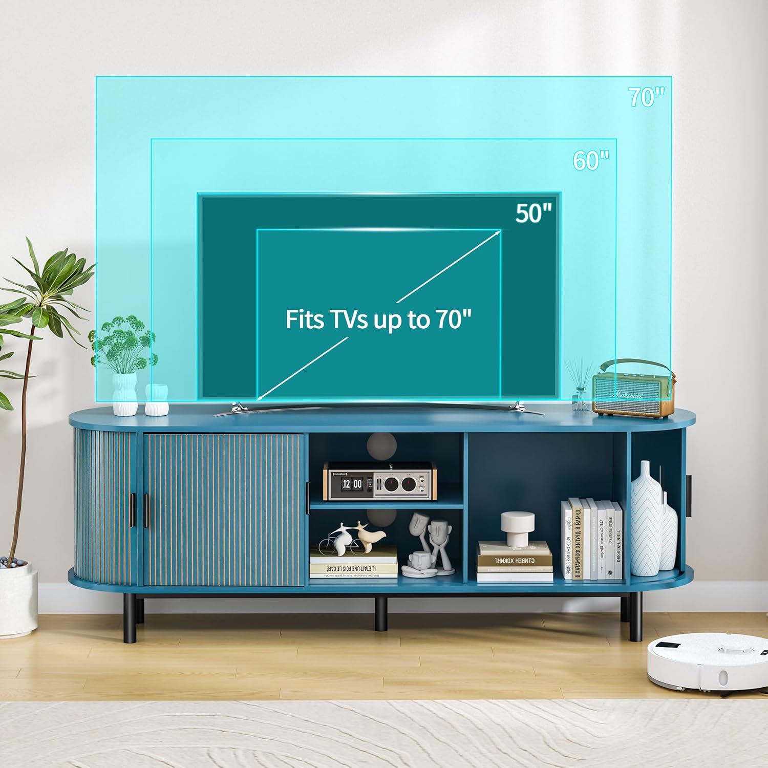 63" Fluted TV Stand for 65/70 Inch TV, Mid Century Modern TV Console with Sliding Doors, Curved Gaming Entertainment Center, Media Console for Living Room, Bedroom (Blue, 63inch-4doors)