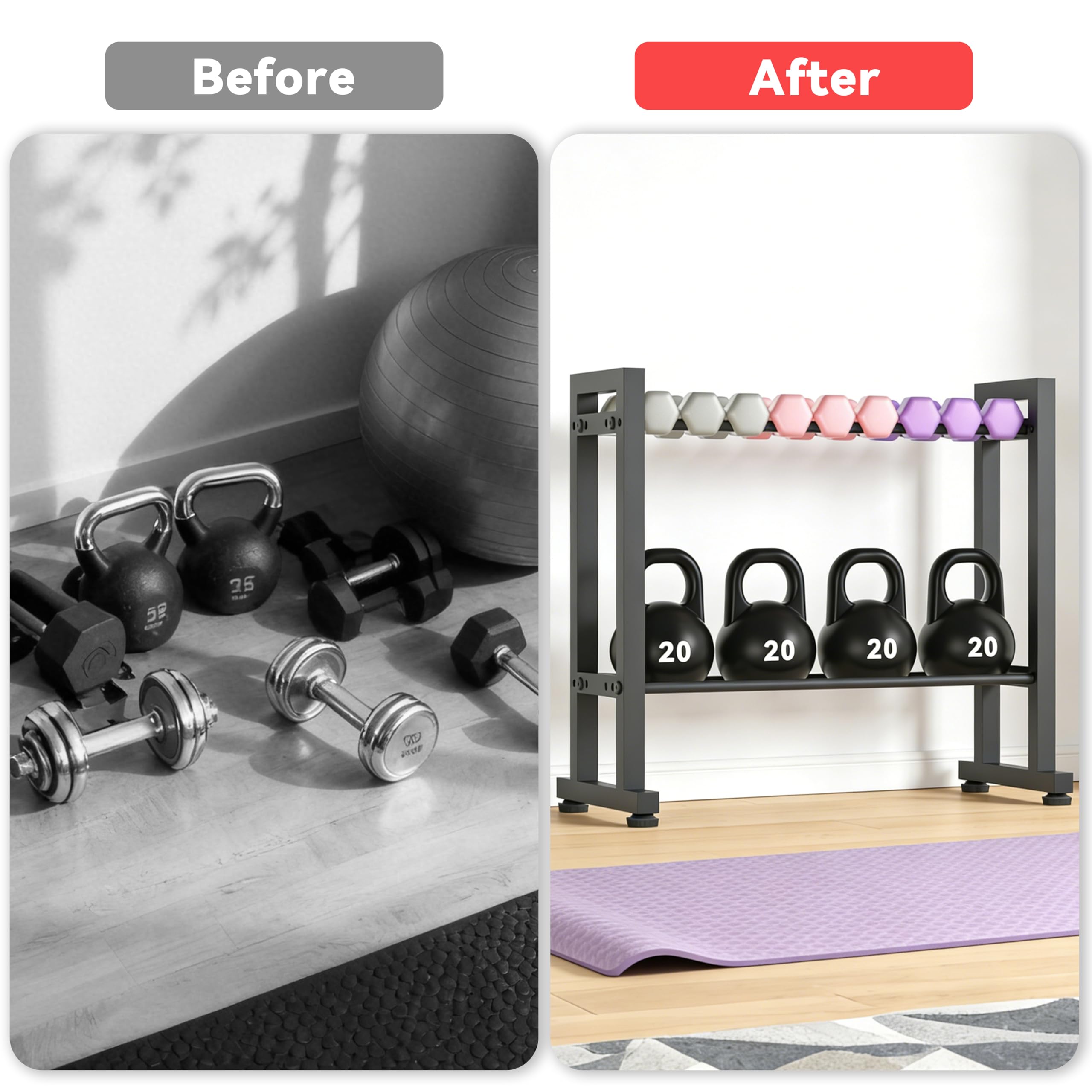 Verstellbarer 2-stufiger Hantelständer, 120kg Tragfähigkeit, Kompakter Heimfitness-Organizer für Hanteln, Kettlebells, Gewichtsscheiben (Nur Ständer)