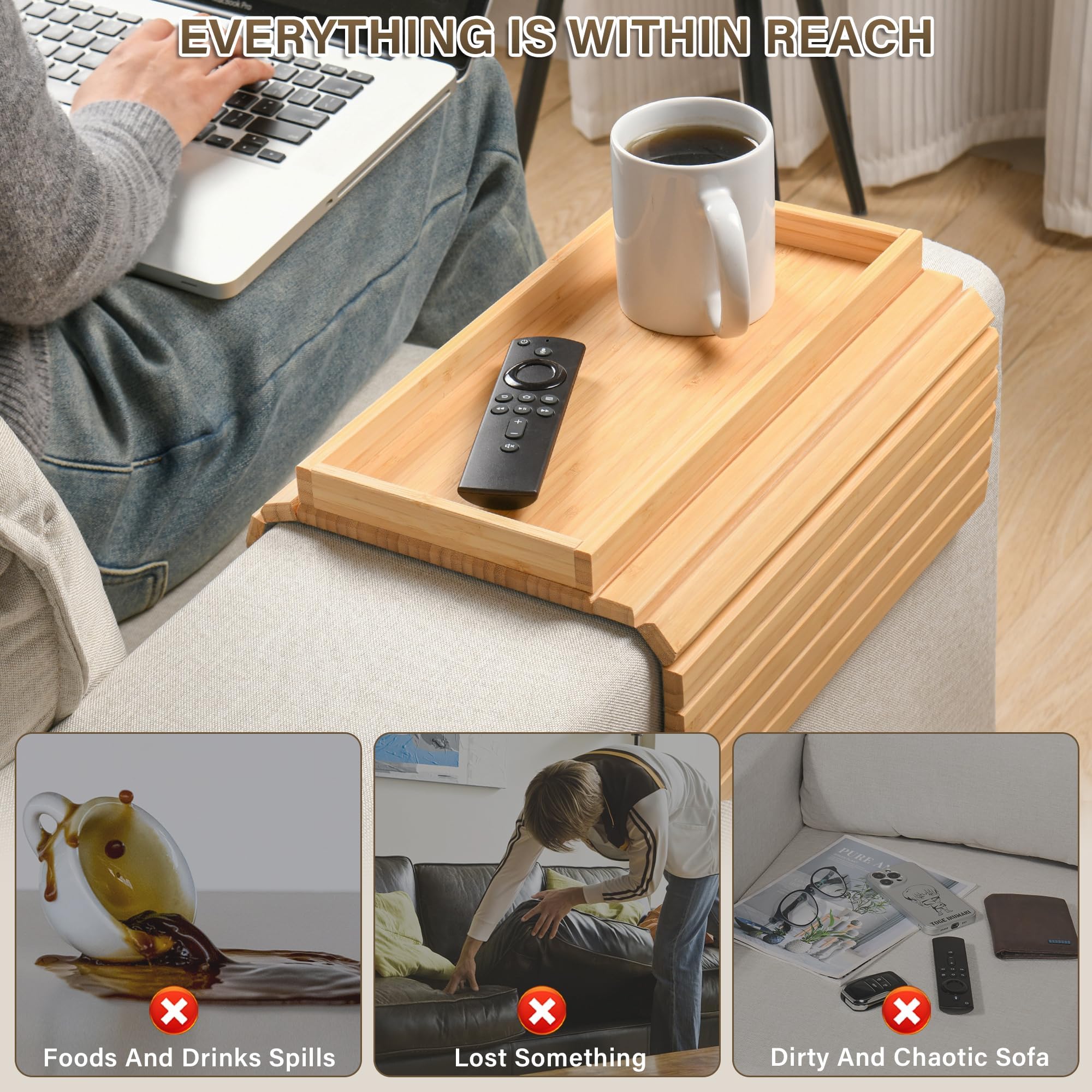 WGNIVOROUS Natural Bamboo Sofa Arm Tray, Armchair Tray, Adjustable Sofa Support, Sofa Side Table for Remote Control Drink - Image 3