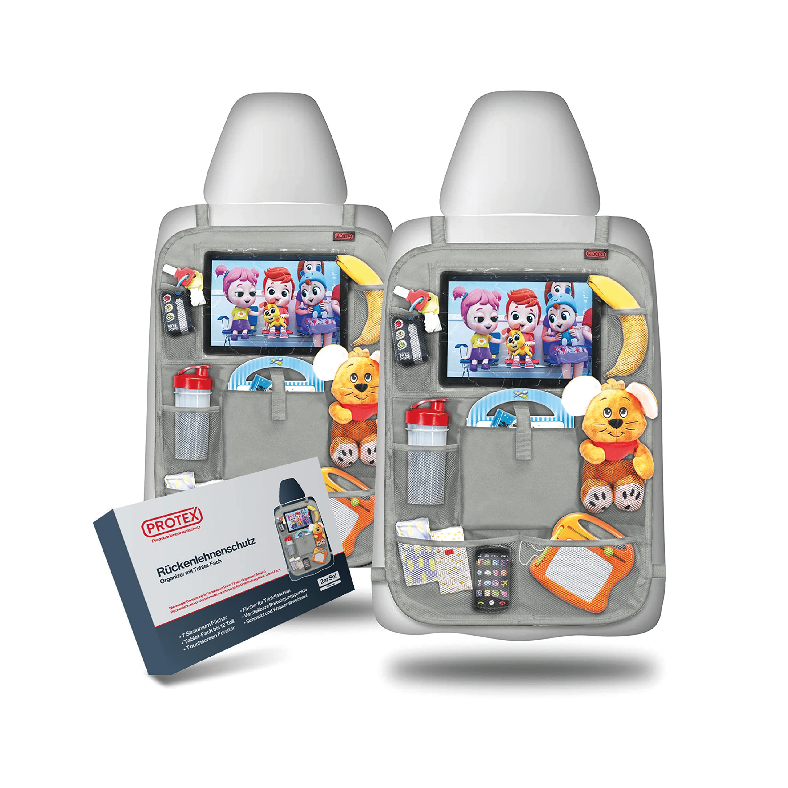 PROTEX Premium [Set of 2] Backrest Protector Car Back Seat Organiser [Oxford 600D] - Water Resistant Back Seat Protector with 12 Inch Tablet & iPad Compartment (Grey)