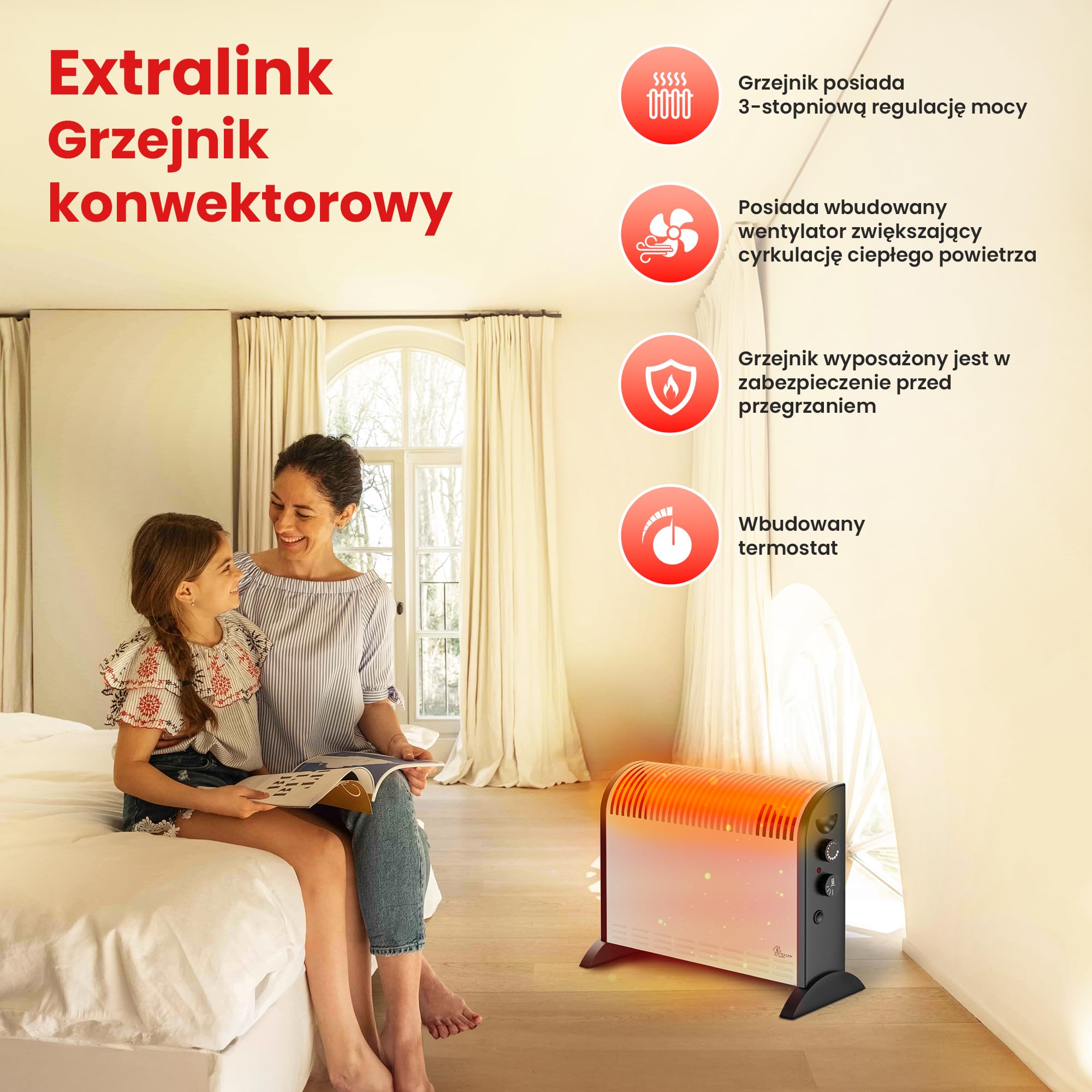 Grzejnik elektryczny 2000W, 3 tryby grzania, tryb turbo, grzejnik konwektorowy, termostat, wentylator, ogrzewanie elektryczne, Kompaktowy rozmiar, Zabezpieczenie przed przegrzaniem, Wyłącznik ochronny