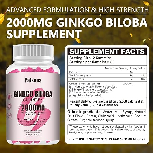 Miniatura 2 de 2 paquetes de gomitas de Ginkgo Biloba de 2000 mg, suplementos de ginkgo biloba para apoyo a la salud cerebral, mejorar el estado de ánimo y la