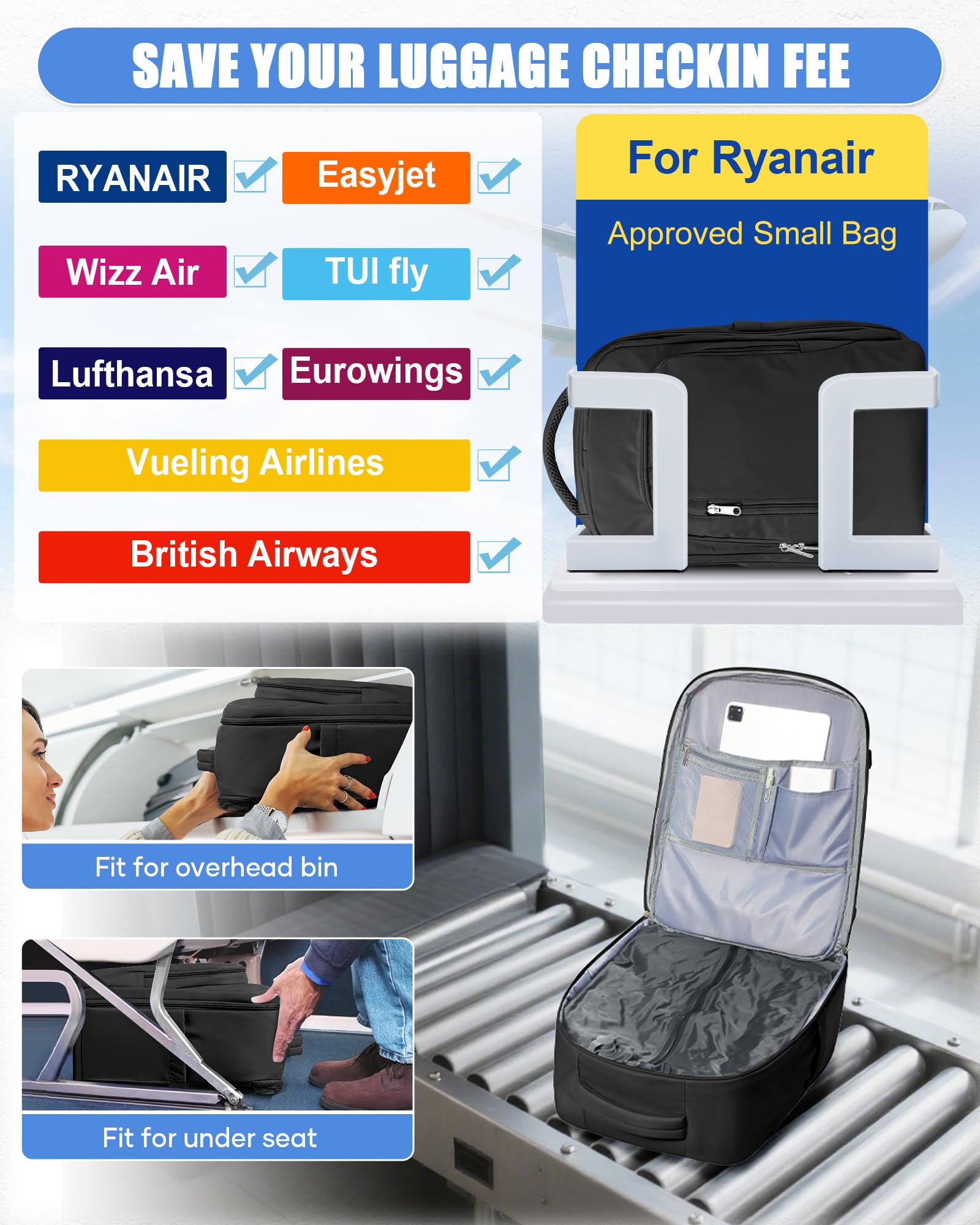 BJLFS Zaino Ryanair 40x30x20 Sottovuoto con Pompa Zaino da Viaggio Ryanair 40x20x25 Borse da Cabina per Wizzair Bagaglio a mano Easyjet Sottovuoto Zaino Casual per Laptop 14 Pollici