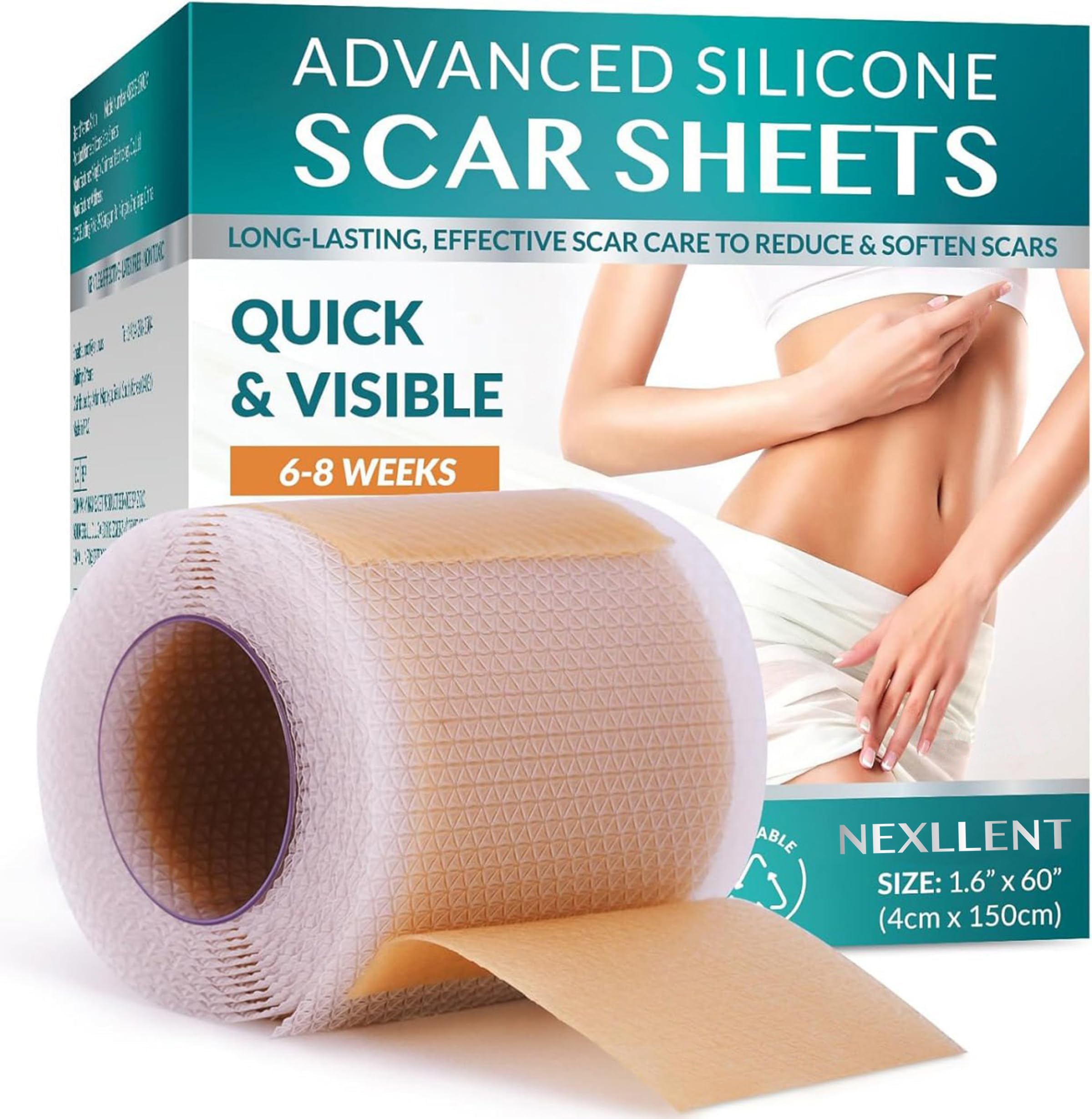 Nexllent Silicone Scar Tape, Silicone Scar Sheets(1.6"X 60" Roll-1.6M), Silicone Scar Removal Sheets for Face, Reusable Medical Grade Silicone Face Patches for Scars, C-Section, Keloid, Burn, Acne, Tummy Tuck, Surgical Scars